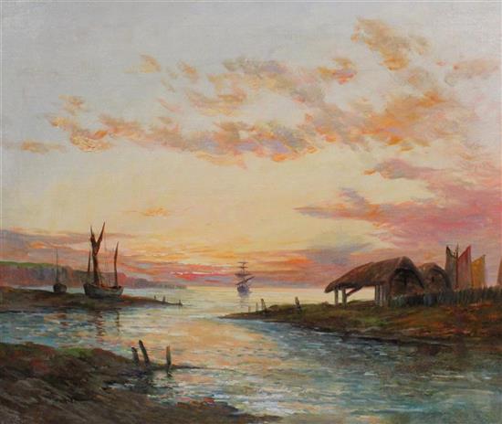 Continental School, oil on canvas, Harbour scene at sunset, indistinctly signed, 51 x 61cm